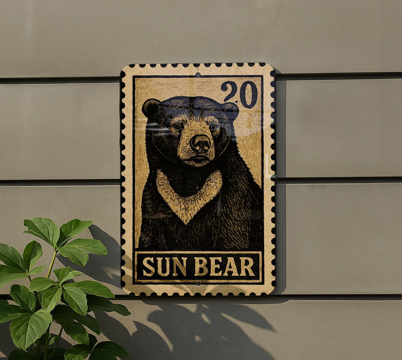 a wooden sign with a black and white illustration of a bear, mounted on a wall.