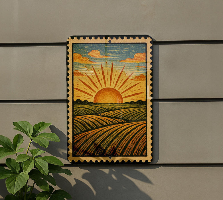 a framed painting of a sunrise over a field, with a sunburst design and a warm, golden glow.
