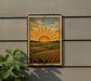 a framed painting of a sunrise over a field, with a sunburst design and a warm, golden glow.