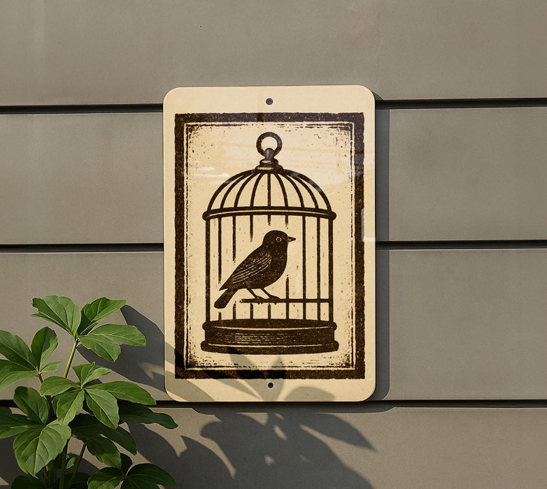 a sign with a bird inside a cage, placed on a wall next to a plant.
