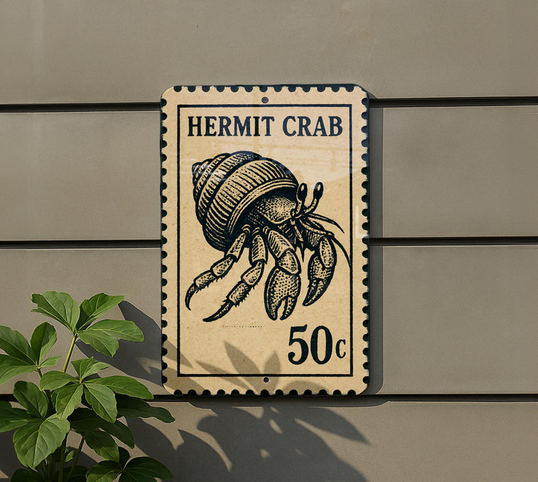 A sign featuring a hermit crab, with the text "HERMIT CRAB" and "50c" printed on it.