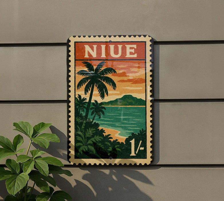 A vintage postage stamp depicting a tropical beach scene with palm trees and a sunset over the ocean.