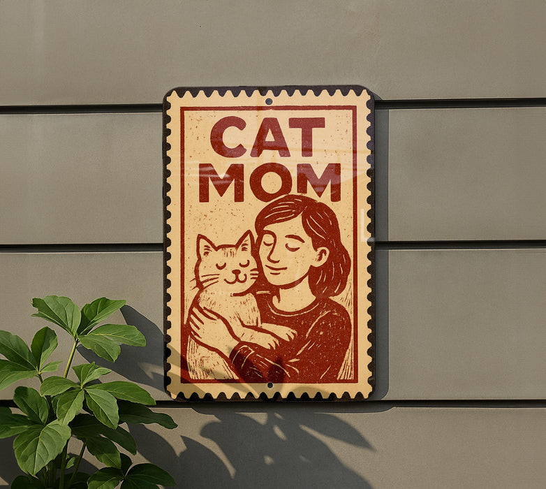 A sign that reads "CAT MOM" with an illustration of a woman holding a cat.