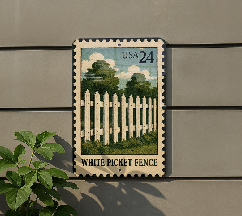 A white picket fence painted on a building, with a USA 24 postage stamp featuring a similar image of a white picket fence below it.