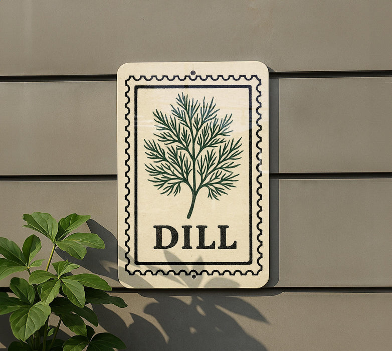 a sign with a plant illustration and the word "DILL" written on it, mounted on a wall.
