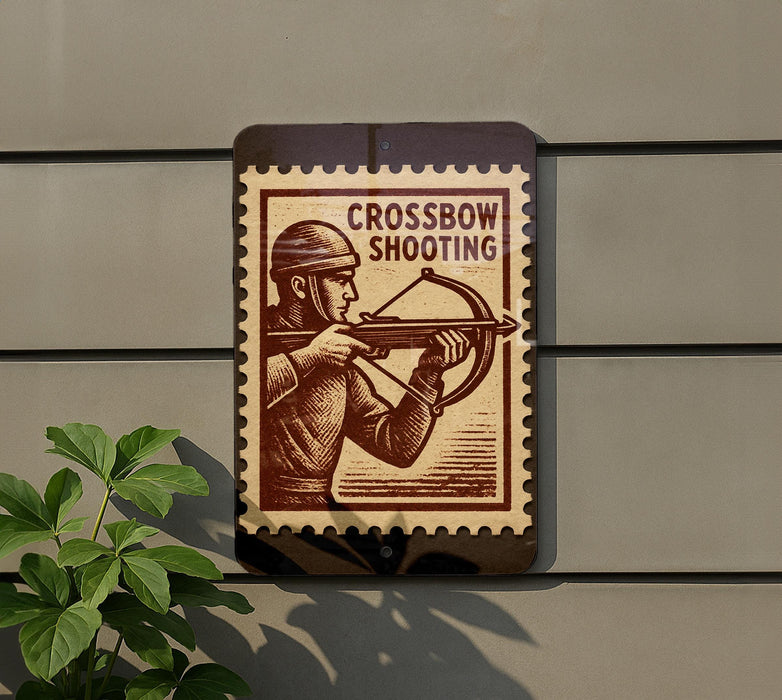 a sign that reads "CROSSBOW SHOOTING" with a graphic of a man holding a crossbow.