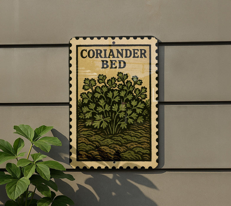 a sign with the word "CORIANDER BED" on it, mounted on a wall next to a plant.