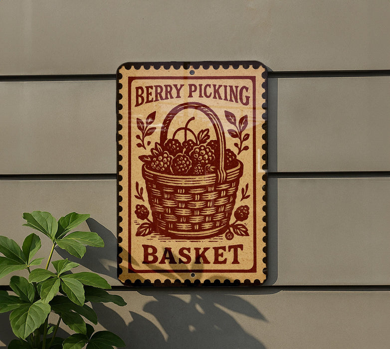 A sign for a berry picking basket hangs on a wall, featuring a basket filled with berries and leaves.