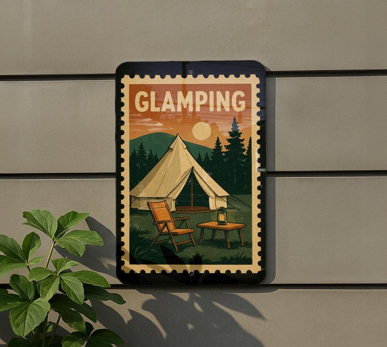 A vintage-style sign with the word "GLAMPING" prominently displayed, featuring a tent, chair, and table set up in a camping scene with a mountain backdrop.