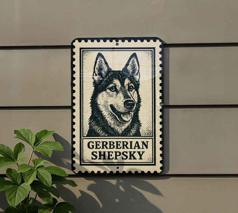 a sign with a picture of a dog, specifically a Gerberian Shepsky, mounted on a wall.