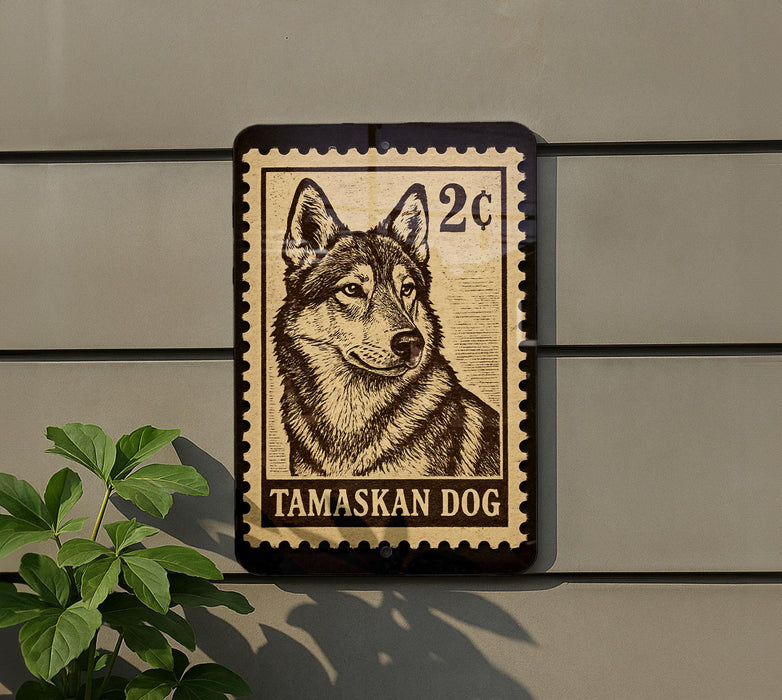 A postage stamp featuring a close-up of a dog's face, with the text "TAMASKAN DOG" printed below it.