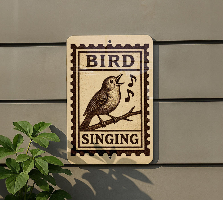 a sign that reads "BIRD SINGING" with a bird illustration on it. The sign is mounted on a wall, and there is a plant to the left of the sign.