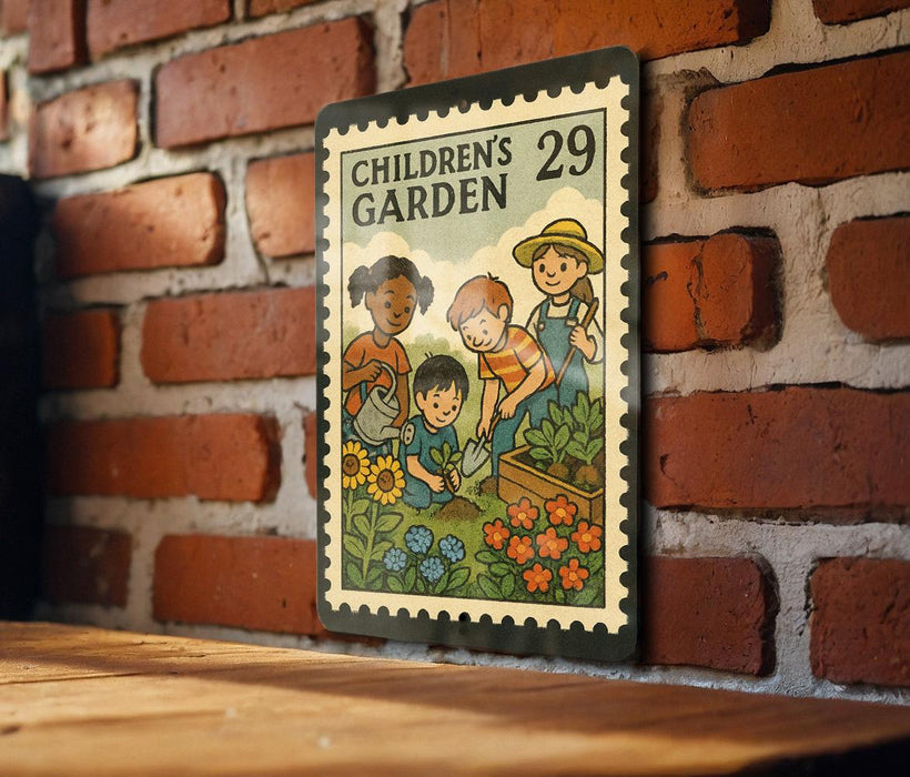 A metal sign with a children's garden theme, featuring illustrations of children planting flowers and tending to a garden.