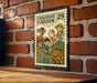 A metal sign with a children's garden theme, featuring illustrations of children planting flowers and tending to a garden.