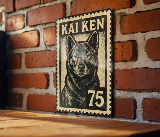 A metal sign with a black and white illustration of a dog's face, mounted on a brick wall.