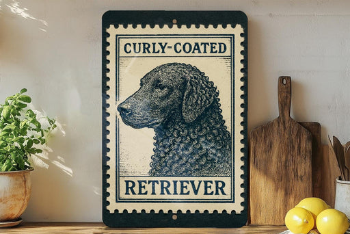 A black and white illustration of a curly-coated retriever dog is displayed on a shelf, accompanied by a wooden cutting board and a potted plant.