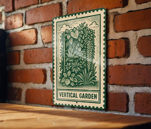 A green and white sign with a decorative illustration of a vertical garden is mounted on a brick wall.