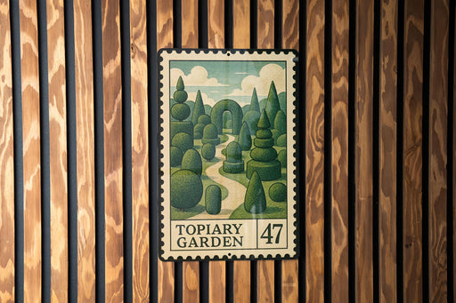 A framed illustration of a garden scene is displayed on a wooden wall, with a postage stamp-like design.