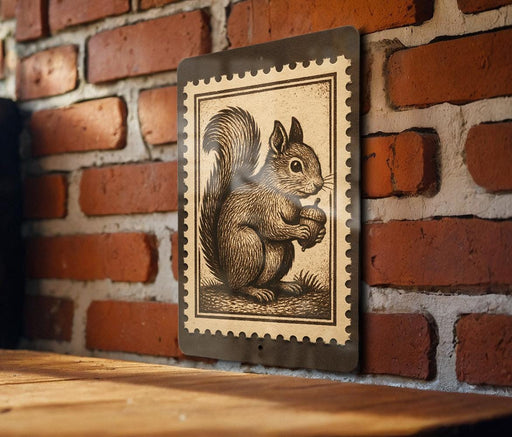 A wooden table with a brick wall in the background, and a framed image of a squirrel on the wall.