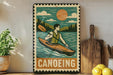 A vintage-style metal sign with a canoe illustration and the word "Canoeing" printed on it, displayed on a shelf next to a potted plant and kitchen utensils.
