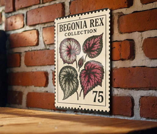 a vintage-style stamp or sign with a floral design, mounted on a brick wall.