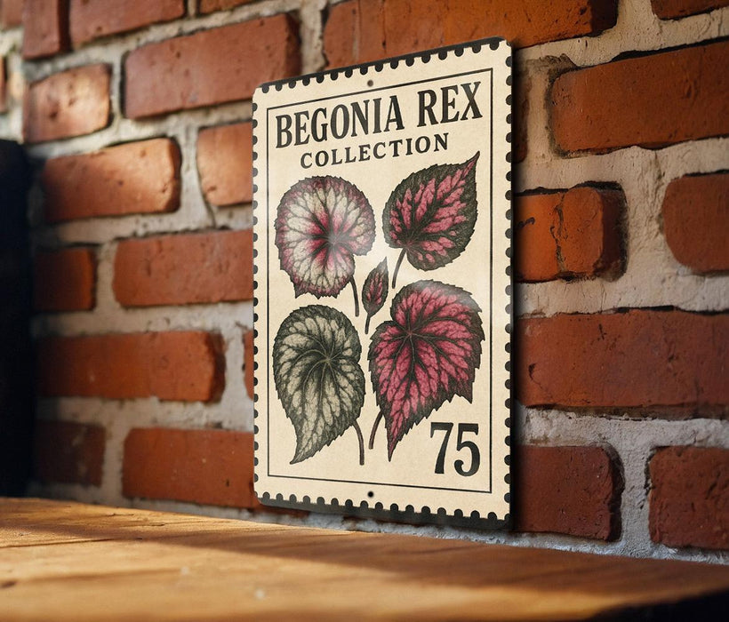 a vintage-style stamp or sign with a floral design, mounted on a brick wall.