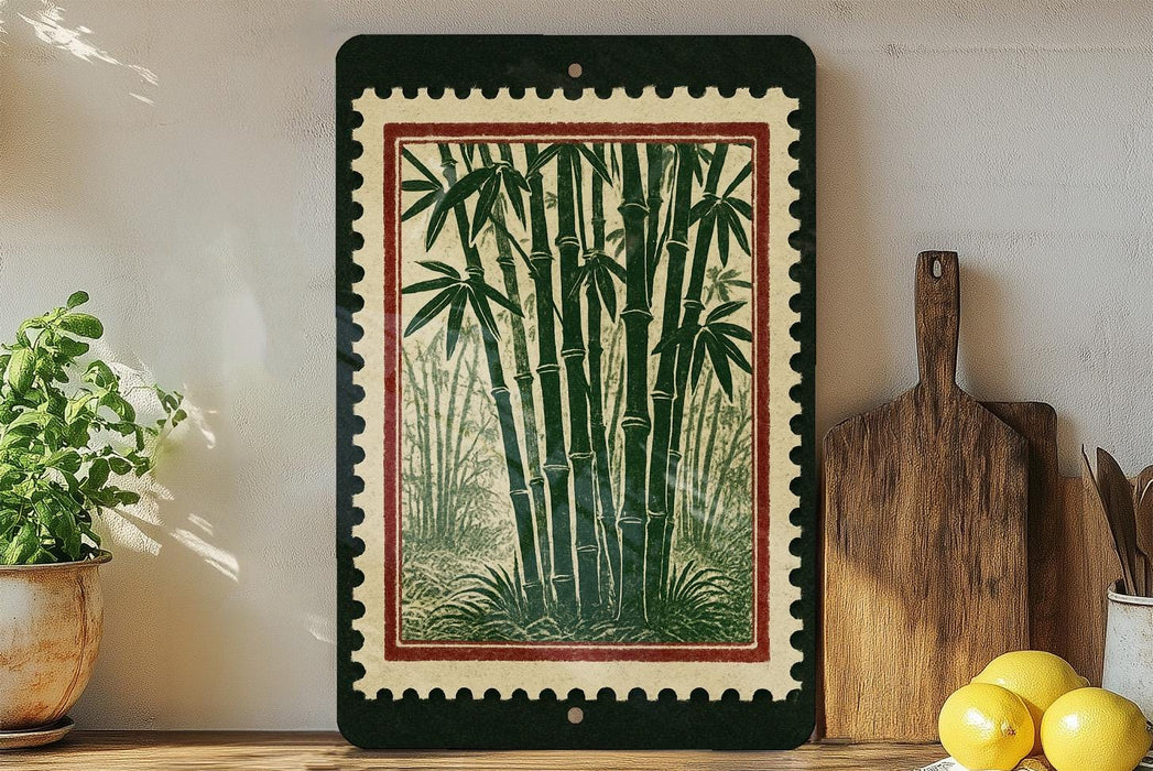 a framed print of bamboo plants on a shelf, with a wooden cutting board and a potted plant nearby.