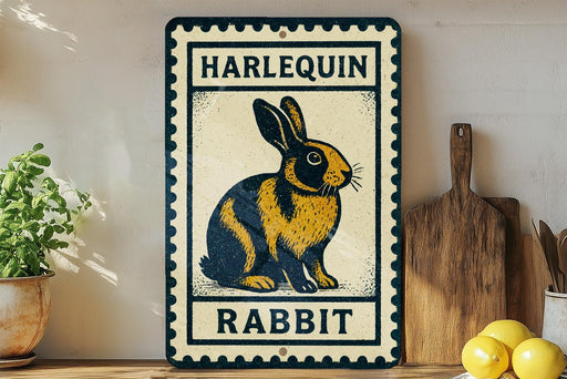A vintage-style sign featuring a cartoon rabbit, with the text "HARLEQUIN RABBIT" displayed prominently.