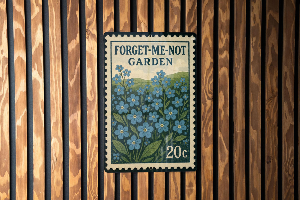 a 20c postage stamp with a floral design, mounted on a wooden wall.