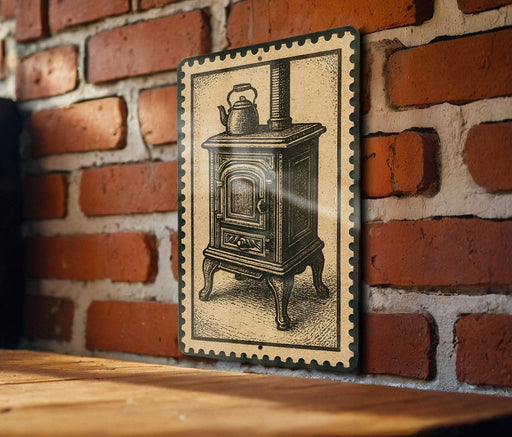 A vintage-style metal sign depicting a wood stove is mounted on a brick wall.