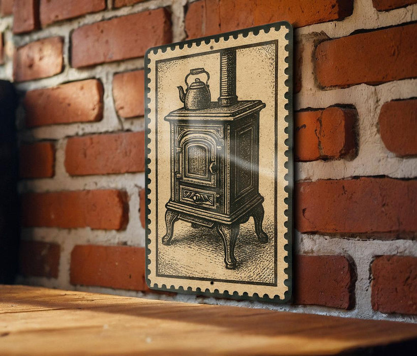 A vintage-style metal sign depicting a wood stove is mounted on a brick wall.