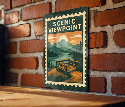 A vintage-style metal sign with a scenic viewpoint illustration is mounted on a brick wall.