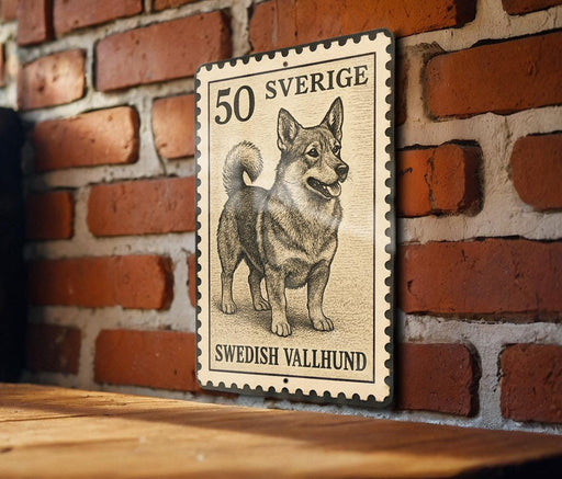 A metal sign with a dog illustration and text, mounted on a brick wall.
