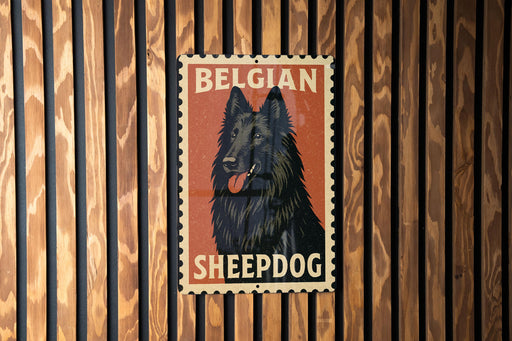 A poster of a Belgian sheepdog is displayed on a wooden wall.