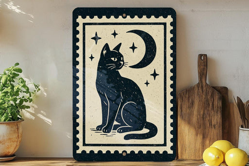 A framed illustration of a black cat sitting under a crescent moon and stars on a wooden shelf, accompanied by a wooden cutting board and a potted plant.