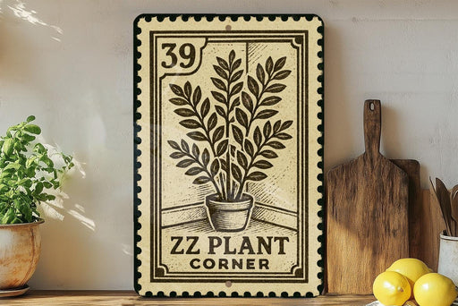 a decorative stamp-like sign with a plant illustration, placed on a shelf next to a wooden cutting board and some potted plants.