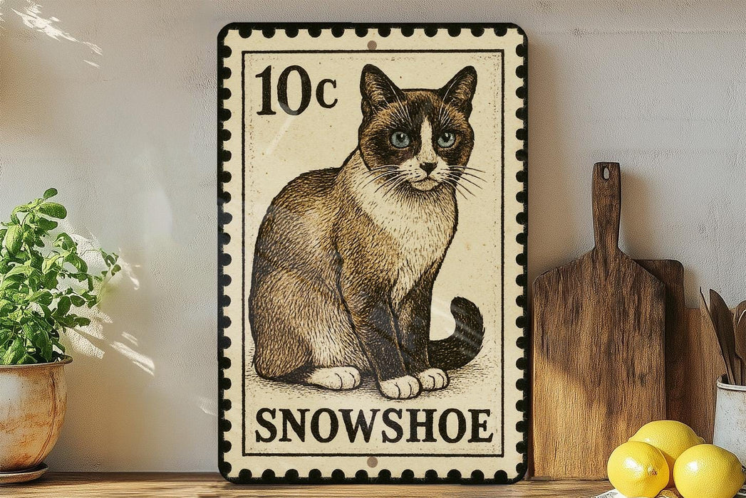 A 10c stamp-like sign featuring a Siamese cat, with the text "SNOWSHOE" below the illustration.
