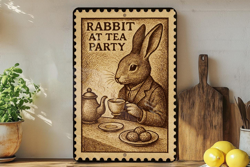 a wooden sign with a rabbit sitting at a table, holding a teacup and accompanied by a plate of food.