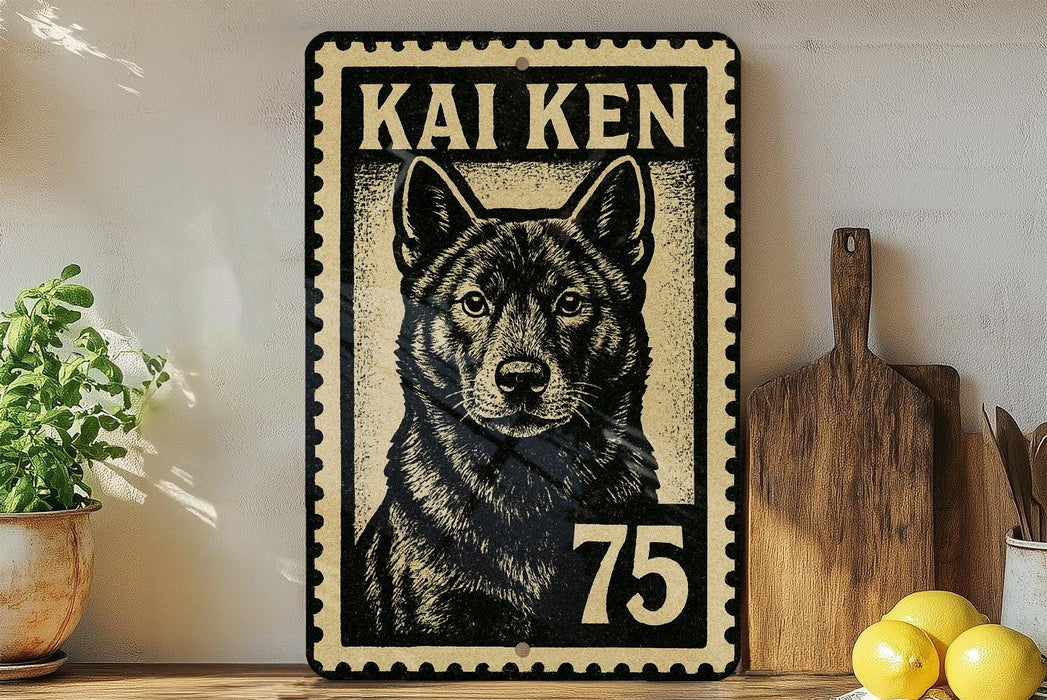 A metal sign with a black and white illustration of a dog, along with the text "KAI KEN 75" printed on it, is displayed on a shelf next to a wooden cutting board and some potted plants.
