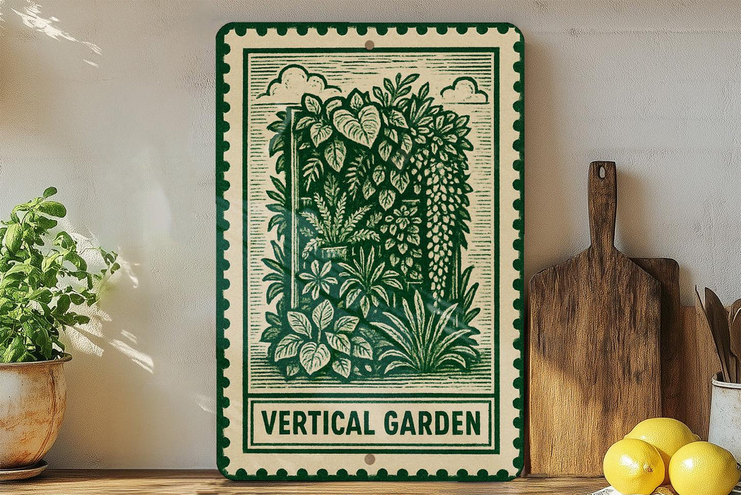 a green and white sign with a decorative border, displaying a lush illustration of a vertical garden, placed on a wooden shelf next to a wooden cutting board and a potted plant.
