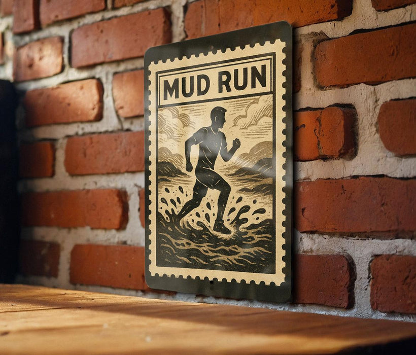 A sign with the text "MUD RUN" is displayed on a brick wall, featuring an illustration of a person running through water.