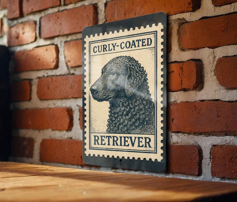 A metal sign with a curly-coated retriever illustration is mounted on a brick wall.