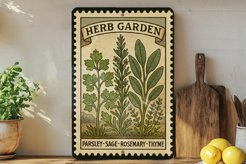 A vintage-style metal sign with illustrations of parsley, rosemary, and thyme, placed on a wooden shelf next to a wooden cutting board and a potted plant.