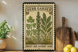 A vintage-style metal sign with illustrations of parsley, rosemary, and thyme, placed on a wooden shelf next to a wooden cutting board and a potted plant.