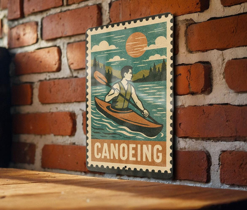 A vintage-style metal sign with a canoe illustration and the word "Canoeking" written on it, mounted on a brick wall.