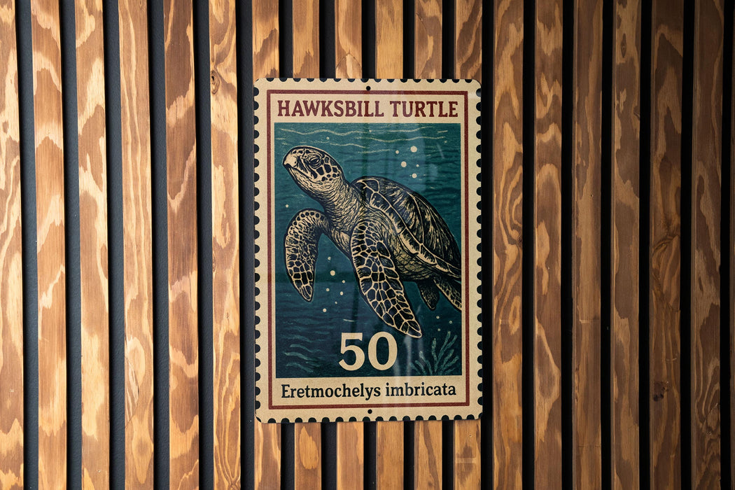 A stamp featuring a hawksbill turtle, with the number 50 and the text "Eretmochely's imboricata" printed on it.