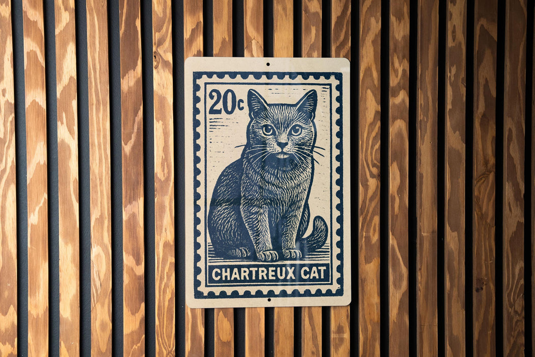 A blue and white postage stamp featuring a cat, mounted on a wooden wall.