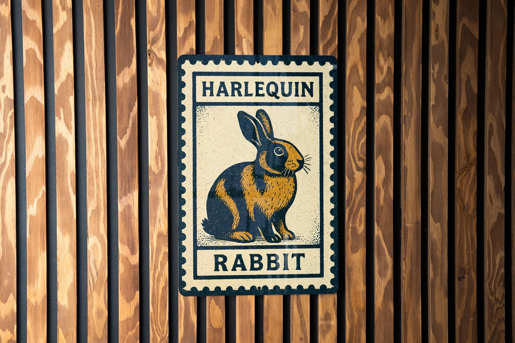 A vintage-style metal sign featuring a rabbit illustration, mounted on a wooden wall.