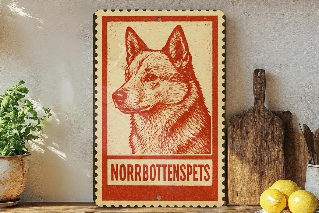 a red and white sign with a dog illustration, placed on a wooden surface next to a wooden cutting board and some lemons.