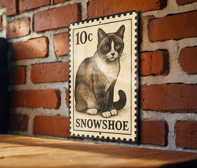 A 10c stamp-like sign featuring a cat illustration is mounted on a brick wall.
